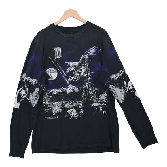 Diesel Black Chrome Wolf Eagle Long Sleeve Tee XL Distressed Fade Grunge Y2K - Picture 2 of 13